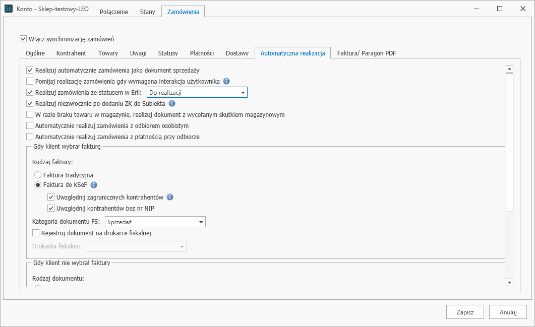 Synchronizator ERLI - Konto - Zamówienia - Automatyczna realizacja zamówień